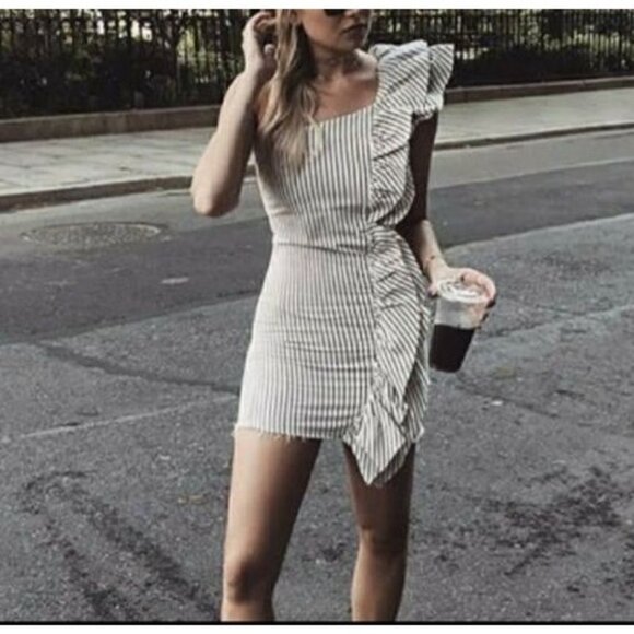 Zara‎ Trafaluc Denim asymmetric Striped Mini dress Women's Raw Hem Sz XS - Picture 3 of 10